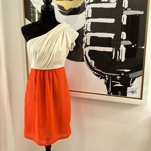 MM Couture One Shoulder Cream and Orange Dress, Size S